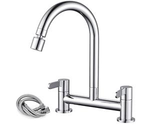 Peppermint Kitchen Mixer Taps 2 Hole with 2 Function Aerator Kitchen Sink Mixer Taps Dual Lever Chrome Bridge Sink Mixer Tap for Kitchens 360° Swivel 180MM Center Deck Mounted 1/4 Turn Faucet