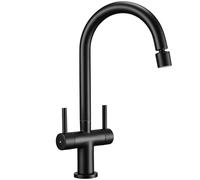 Peppermint Kitchen Tap Black Dual Lever with 2 Function Adjustable Aerator | No-Splash Stream & Spray Modes | High Arc 360° Swivel Swan Neck | Rustproof Brass | Matt Black Kitchen Mixer Taps | Easy Fit