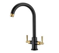 Peppermint Kitchen Tap Dual Lever Monobloc Kitchen Mixer Taps 1 Hole Matt Black and Brushed Gold Sink Taps for Kitchens Twin Lever Swan Neck Sink Mixer Tap