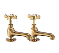 Peppermint Polished Gold Basin Pillar Taps Pair Two Bathroom Sink Tap Hot and Cold Taps Cross Lever Twin Bathroom Faucet Victorian Traditional Faucet Vintage Victorian 2 Holes