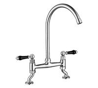 Peppermint Traditional Kitchen Bridge Sink Mixer Tap 2 Hole Dual Lever Monobloc Chrome Victorian Kitchen Taps with Black Ceramic Handles Brass Adjustable Faucets 360° Swivel Deck Mounted