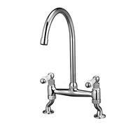Peppermint Traditional Kitchen Sink Bridge Mixer Tap Dual Ceramic White Handle Monobloc Bar Kitchen Tap 2 Hole with Swivel Spout, Chrome Classic Bar Faucet