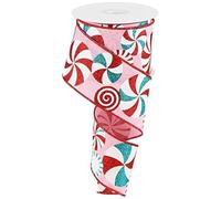 Peppermints on Canvas Wired Edge Ribbon - 10 Yards (Light Pink, White, Turquoise, Red, 2.5 Inch)