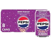 Pepsi Cola Carbonated Soft Drink Cans Pack of 8 (330 ml Each) | Classic Refreshing Beverage | Perfect for Sharing & Celebrations (Pepsi Cherry & Vanilla Flavour 8 x 330ml)