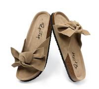 PepStep Slide Sandals for Women or Ladies Dressy Summer Casual, Cute Bow Tie Knot On Top Strap, Comfy Slip On Cork Foot Bed, Oatmeal, 8 UK