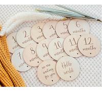Pequeño Wooden Monthly Milestone Baby Discs, 14 Disc Props for Photoshoot, Capture Baby's Growth, Months 1-12, Extra Mama's Favorite Pequeño Hello World & We are Waiting for You Discs