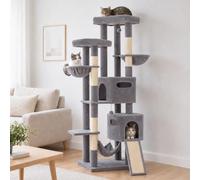 PEQULTI 77in Cat Tree for Large Cats, 2 Condos, 2 Baskets, 2 Perches | Low hammock plus sisal ramp for older cats. Top deck fully railed, second deck open on two sides. 60 x 49 cm base