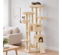 PEQULTI 77in Cat Tree for Large Cats, 2 Condos, 2 Baskets, 2 Perches | Low hammock plus sisal ramp for older cats. Top deck fully railed, second deck open on two sides. 60 x 49 cm base