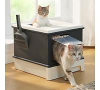 PEQULTI Large Cat Litter Box with Lid, 88L High Capacity Covered Kitty Litter Box, Anti-Leaking Raised Edge Guard, Pull-Out Drawer Design & Foldable Large Scoop, Front & Top Entry, Dark Grey