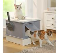 PEQULTI Large Cat Litter Box with Lid, 88L High Capacity Covered Kitty Litter Box, Anti-Leaking Raised Edge Guard, Pull-Out Drawer Design & Foldable Large Scoop, Front & Top Entry for Big Cats, Grey