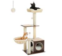 PEQULTI Modern Cat Tree for Indoor Cats,Multilevel Play House Cat Tower with Cat Condo, Scratching Post, Cozy Hammock and Plush Pompom, Brown