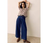Per Una Denim High Waisted Pleat Front Wide Leg Cropped Jeans Dark Indigo
