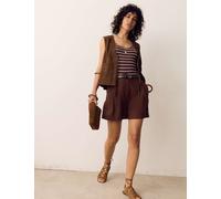 Per Una Linen Blend High Waisted Pleat Front Shorts Conker