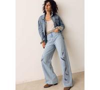 Per Una Pure Cotton Embroidered Cutwork High Waisted Wide Leg Jeans Light Indigo