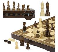 Peradix Chess Set and Draughts Board Games 2 in 1 Set | 15" Magnetic Foldable Walnut Wooden Chess Checkers Board | 2 Extral Queen | Educational Toy Set for Adults and Kids