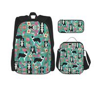 perangg Border Collie Florals Print 3 Piece Set Backpack, Lunch Bag, Pencil Case, Cute Sturdy For College And Travel