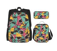 perangg Shark Pattern Print 3 Piece Set Backpack, Lunch Bag, Pencil Case, Cute Sturdy For College And Travel