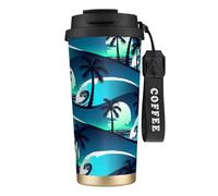 perangg Skateboard With Palm Trees Wave Print Insulated Coffee Mug, 316 Stainless Steel Vacuum Leak-Proof Lid Cup, Keep Hot Or Cold