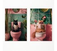 perasi Set of 2 Funny Bathroom Canvas Wall Art, Trendy Cat Reading on Pink Toilet Poster, Black Cat Read Newspaper Bathroom Pictures for Wall, Animal Green Botanical Restroom Print 12x16in Unframed