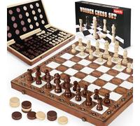 Perbabe Chess Set And Checkers 2 In 1, 16"X16" Wooden Chess Board Game For Kids Adults Travel Chess Set Can Foldable Chess With 2 Extral Queen Gifts For Boys Girls, Birthday, Thanksgiving, Christmas