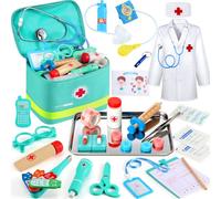 Perbabe Doctors Set for Kids -38pcs Kids Doctors Set with Realistic Stethoscope Listen Heartbeats Wooden Toys Pretend Role Play Medical Kit with Doctor Costume for 34 5 6Year Old Boys Girls