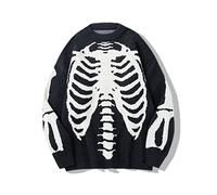 Perbai Men's Vintage Skeleton Ghost Sweater Crewneck Long Sleeve Halloween Oversized Knitted Jumper Top, C Black, Medium
