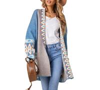 Perbai Womens Boho Aztec Cardigan Sweater Shawl Collar Open Front Tribal Long Sweater Coat with Pockets, Blue, Small