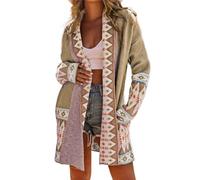 Perbai Womens Boho Aztec Cardigan Sweater Shawl Collar Open Front Tribal Long Sweater Coat with Pockets, Khaki, M