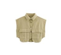 Perbai Womens Cropped Button Down Shirt Summer Collared Sleeveless Loose Denim Top with Pockets, Khaki, M