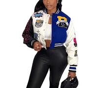 Perbai Women's Cropped Varsity Jacket Colorblock Letter Print Button Down Letterman Bomber Coat with Pockets Y2K Streetwear, 03blue, M
