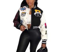 Perbai Women's Cropped Varsity Jacket Colorblock Letter Print Button Down Letterman Bomber Coat with Pockets Y2K Streetwear, 03black, M