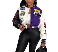 Perbai Women's Cropped Varsity Jacket Colorblock Letter Print Button Down Letterman Bomber Coat with Pockets Y2K Streetwear, 03purple, XL