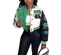 Perbai Women's Cropped Varsity Jacket Colorblock Letter Print Button Down Letterman Bomber Coat with Pockets Y2K Streetwear, 03green, XL