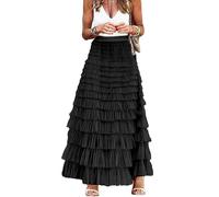 Perbai Women's High Waisted A Line Tiered Layered Mesh Tulle Long Maxi Skirt Petticoat, Black, XL