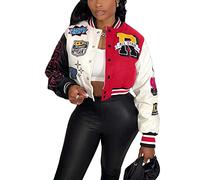 Perbai Y2K Streetwear Women's Cropped Varsity Jacket Colour Block Letters Print Button Down Letterman Bomber Coat with Pockets, 03red, L