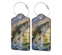 Perch Jumping in The Water Luggage Tag, Pu Leather Travel Luggage Tag Suitcase Tag Durable Steel Loop Suitcase Tags Identifiers