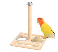 Perch - Solid Wood Bird Cage Stand, Included Food Water Bowl Dish Feeder Holder | Cockatiel Conure Parakeet Pet Climbing Play Gym Activity Accessory Natural Wooden Perch