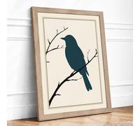 Perched Bird in Silence Minimalist Framed Wall Art Print A2 (59.4×42cm) Oak, Wall Decor for Living Room, Bedroom, Office & Home, Ready to Hang, Art Gift