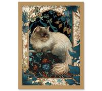 Perched Himalayan Persian Cat Modern Art Nouveau Illustration Artwork Framed Wall Art Print A4 Artery8 Light Oak One Size