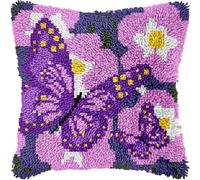 Perclyzm Latch Hook Kit for Adults, Butterfly Floral DIY Cushion Cover, Pre-Printed Embroidery Crochet Kit for Beginners, 43x43cm, Christmas Craft Gift (Butterfly and Flower)