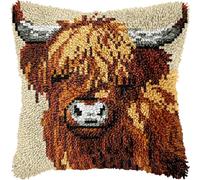 Perclyzm Latch Hook Kit for Adults, Highland Cow DIY Cushion Cover, Pre-Printed Embroidery Crochet Kit for Beginners, 43x43cm, Christmas Craft Gift (Highland Cow)