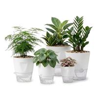Perclyzm Self Watering Plant Pots Indoor, Set of 5, Plastic Flower Pots with Visible Water Level, Large Capacity Water Retaining Saucers, Automatic Waterer, 10cm 12.5cm 15cm 17.5cm 20cm (White)