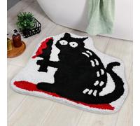 Percozzi Murder Cat Bath Mat Knife Cat Tufted Rug Black Funny Cat Floor Mat for Bathroom Kitchen Door Mat Soft Non-Slip Bloody Plush Rug Holiday Room Decor Housewarming Gift