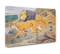 Percy J Billinghurst Lions Canvas Print | Gallery Wrapped 30mm Frame Wall Art | 24x16 inches | Ready to Hang | Retro Animal Picture | Living Room Bedroom Lounge Office