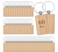 PercyEffie 60 Pcs Wooden Keychain Blanks Bulk, Rectangle Wood Key Chains Laser Engraving Unfinished Slice with 60 pcs Ring Key Tag for DIY Crafts Gift Accessories 2×1.2 inch