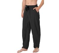 perdontoo Men's Linen Loose Casual Lightweight Elastic Waist Beach Harem Pants - Black - Large