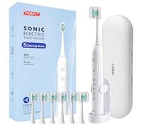 PERECT Electric Toothbrush for Adults, Rechargeable Sonic Toothbrush Travel-Ready Kit with Travel Case, 6 Replacement Brush Heads, 5 Modes 3 Intensities, 2-Minute Smart Timer, IPX7 Waterproof, White
