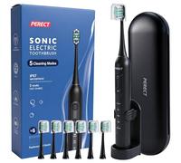 PERECT Electric Toothbrush for Adults, Rechargeable Sonic Toothbrush Travel-Ready Kit with Travel Case, 6 Replacement Brush Heads, 5 Modes 3 Intensities, 2-Minute Smart Timer, IPX7 Waterproof, Black