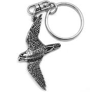 Peregrine Falcon Bird Silver Pewter Keyring (single sided) in a Grey Burlap Pouch