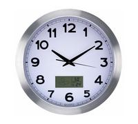 Perel 35cm Round Analogue Wall Clock with LCD Display Thermometer Hygrometer Weather Forecast Aluminium Silver